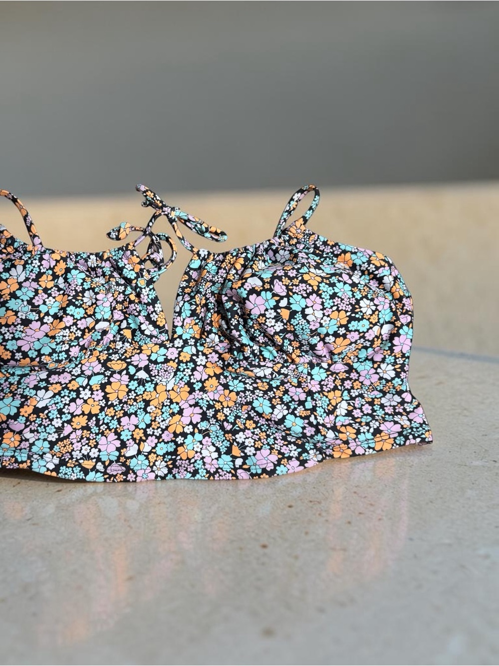 Ninety Black Floral Tie-Front Bikini Top with Pastel Accents